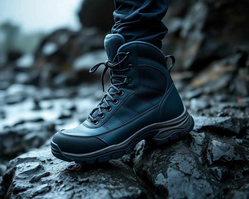 Technical outdoor hiking boot standing on wet slate rock