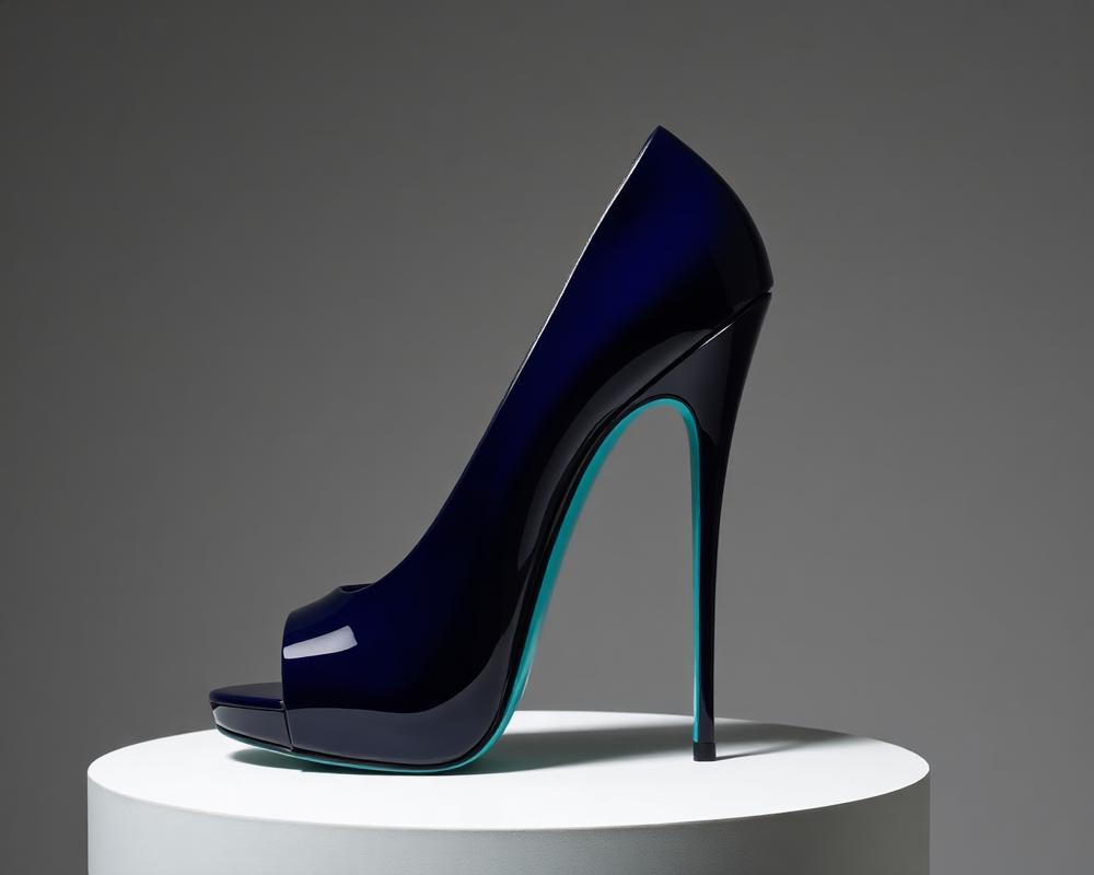 Sculptural navy high heel with a turquoise heel stem on a studio pedestal