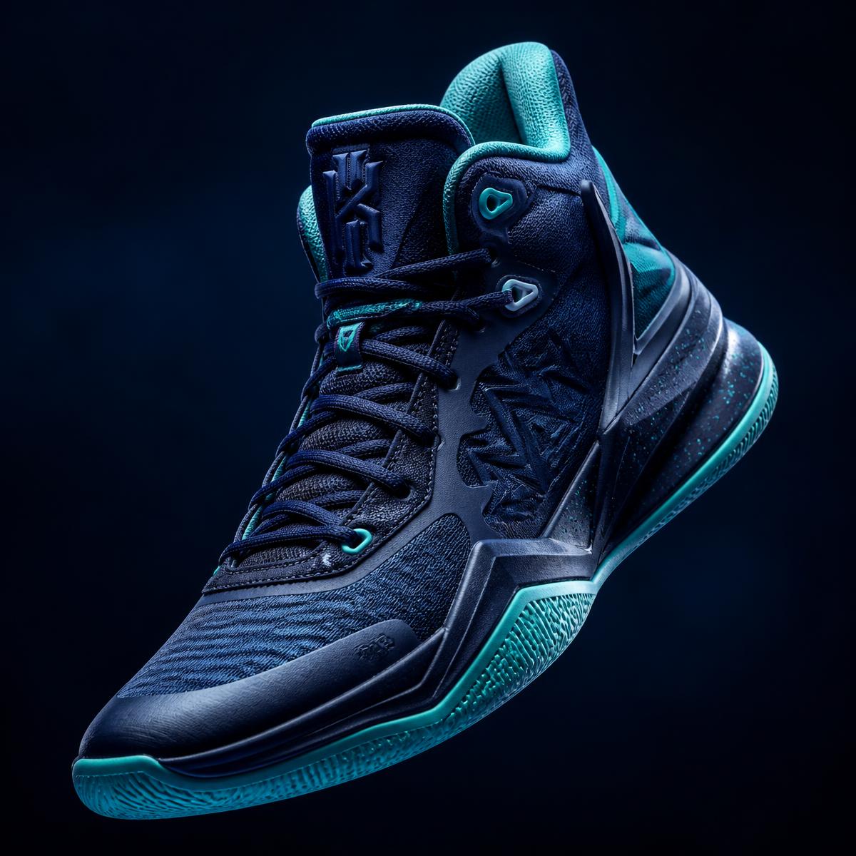 TreadForm performance basketball sneaker in navy and turquoise, angled three-quarter view