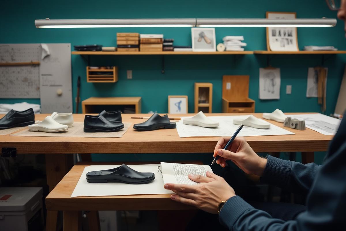 Designers reviewing footwear prototypes and drawings at the TreadForm studio bench
